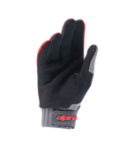 Alpinestars Youth A-Dura Gloves, Mountain Bike Gloves, Red Fluo and Black, palm view showing synthetic suede material, grey neoprene cuff with hook and loop strap featuring red Alpinestars logo, designed for youth cycling