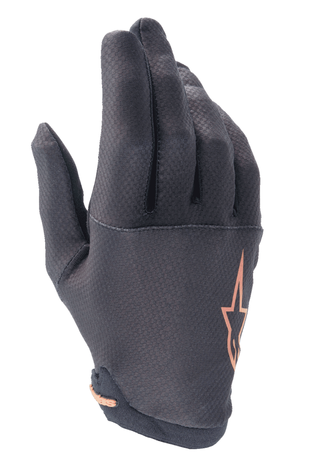 Alpinestars A-Aria Gloves, Mountain Bike (MTB) Gloves, Black with Rose Gold Star Logo, featuring a textured grid pattern on the fingers and lightweight stretch fabric for trail riding