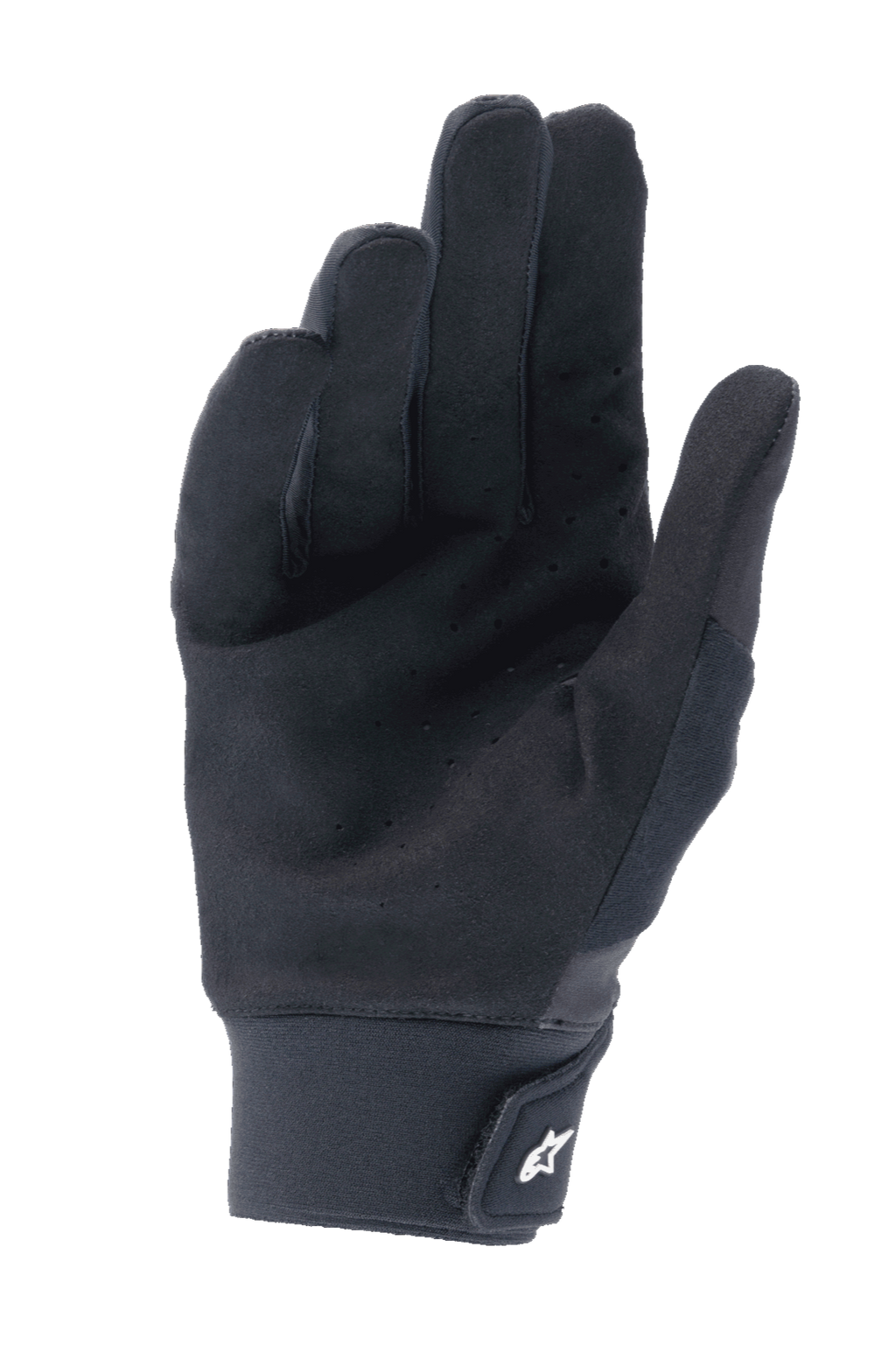 Alpinestars A-Supra Gloves, Black, palm view featuring perforated synthetic suede for ventilation, neoprene cuff with hook and loop closure and white logo, performance mountain biking gear