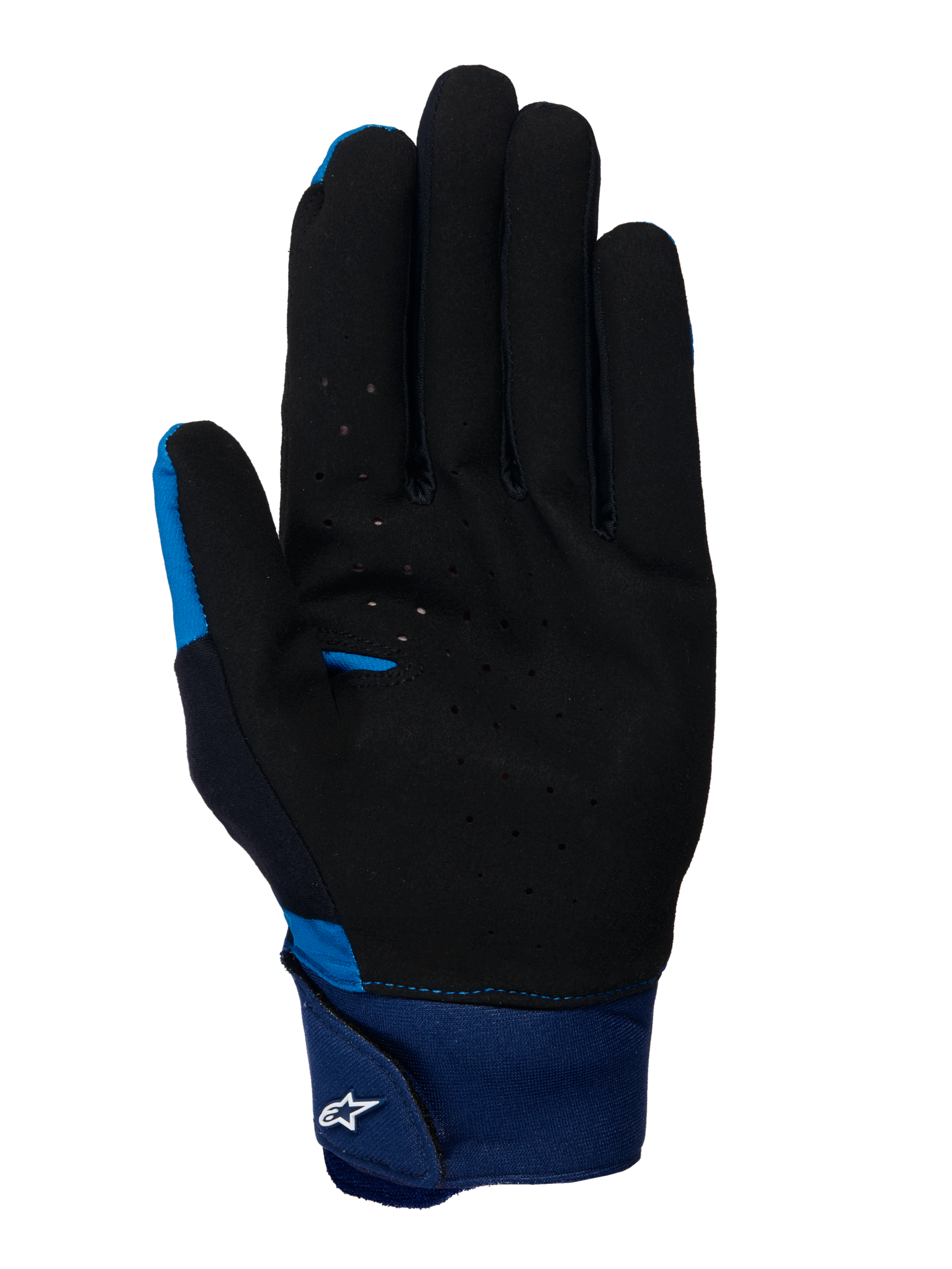 Alpinestars A-Supra Gloves, Blue MTB Gloves, palm view showing black perforated suede material, large blue neoprene cuff with hook and loop strap and white Astars logo