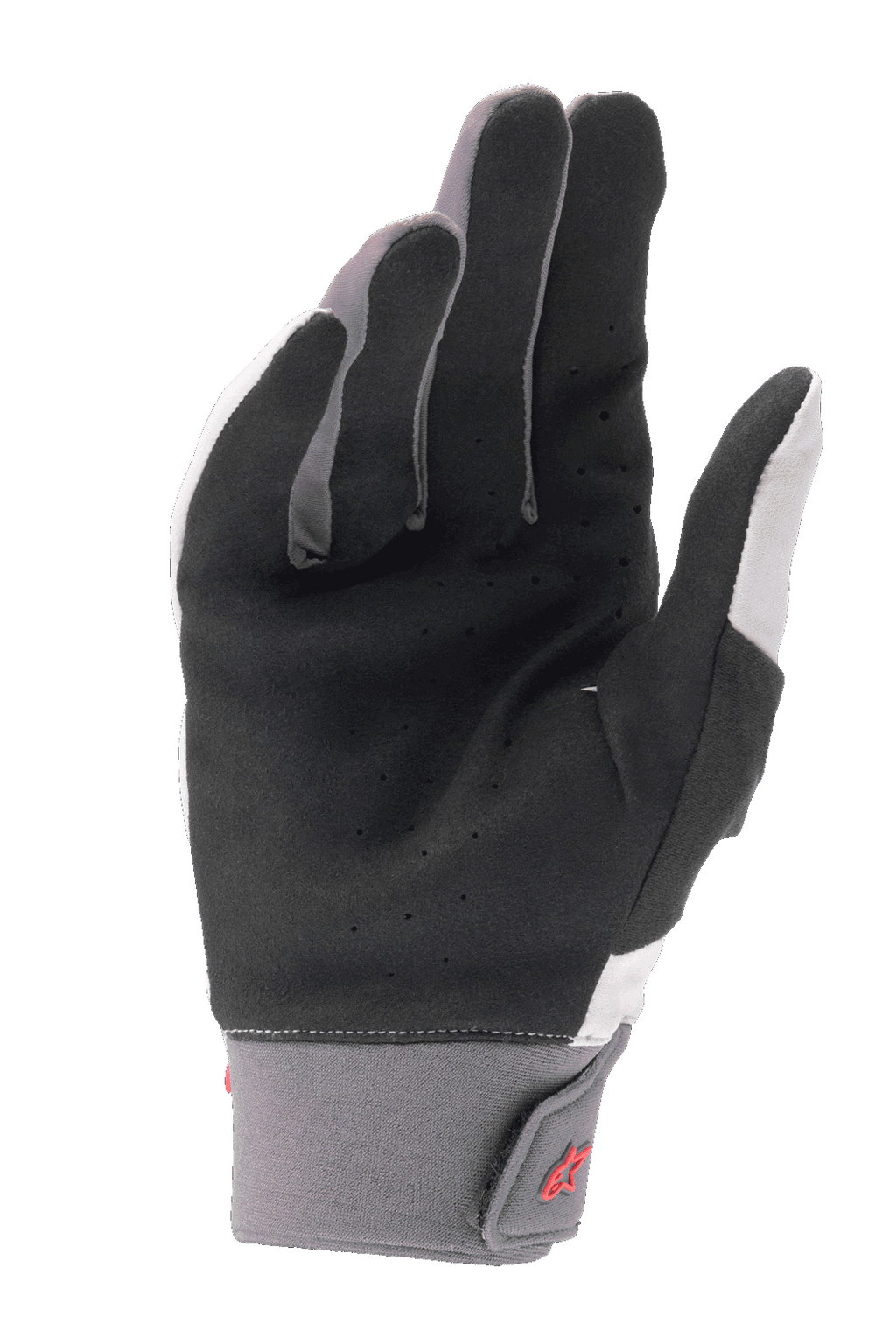 Alpinestars A-Supra Gloves, Mountain Bike Gloves, Light Gray and Black, featuring a perforated synthetic suede palm, neoprene cuff with hook and loop closure, red logo detail, designed for performance cycling