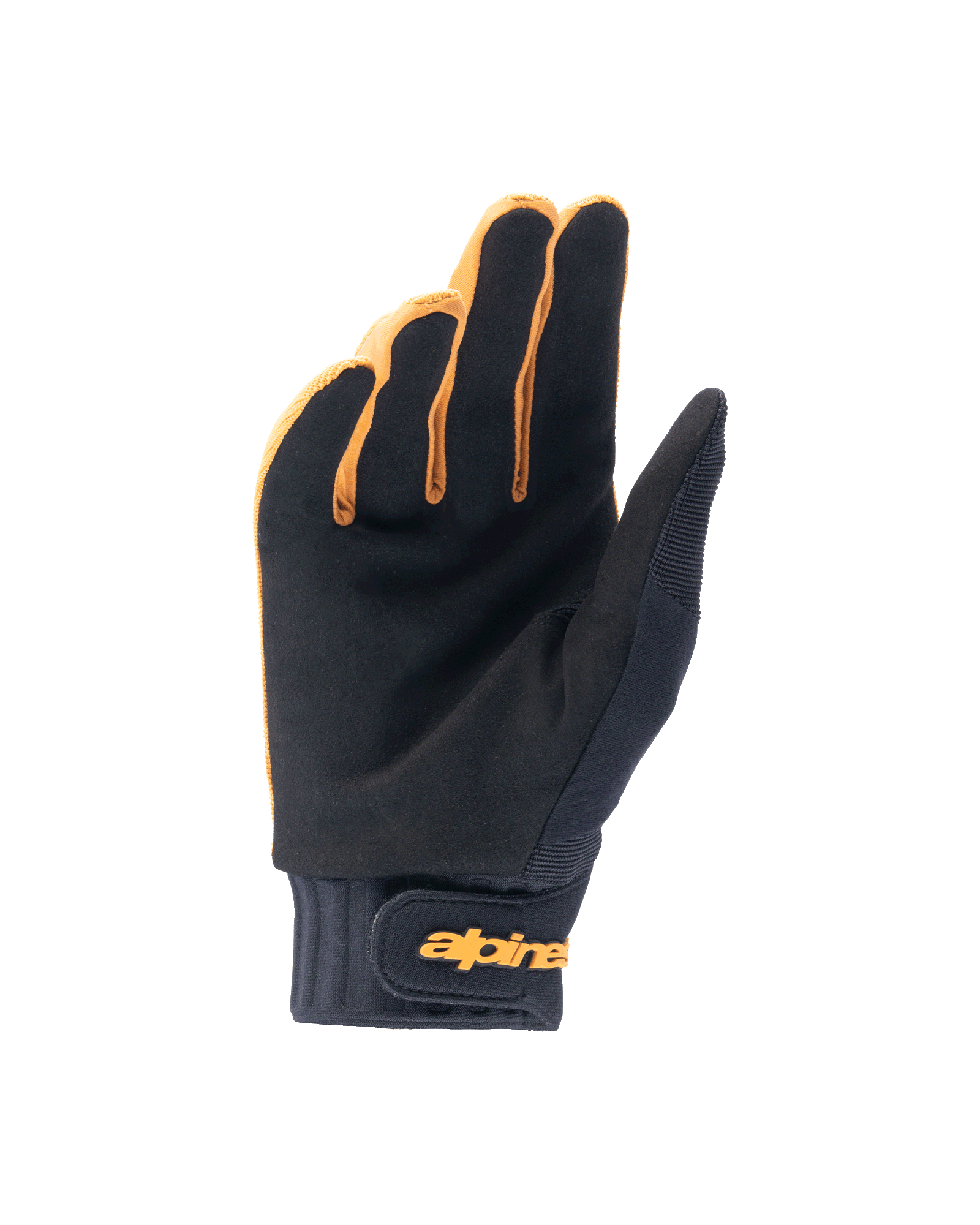 Alpinestars A-Dura Gloves, Mountain Bike Gloves, Dark Gold and Black, palm view showing synthetic suede material, neoprene cuff with gold hook and loop wrist strap, designed for cycling grip and mobility.