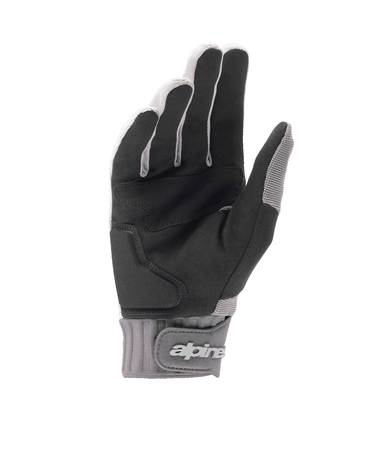 Alpinestars A-Dura Gel Gloves, Light Gray and Black mountain bike gloves, palm view showing black synthetic suede with gel insert padding, neoprene cuff with hook-and-loop wrist closure featuring branding, ergonomic cycling gear