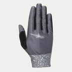 Alpinestars Women Stella Alderex Pro Gloves, MTB Gloves, Anthracite Gray, featuring a diagonal textured backhand with a white Alpinestars logo, black terry cloth thumb patch, and abstract patterned cuff, off-road cycling gear