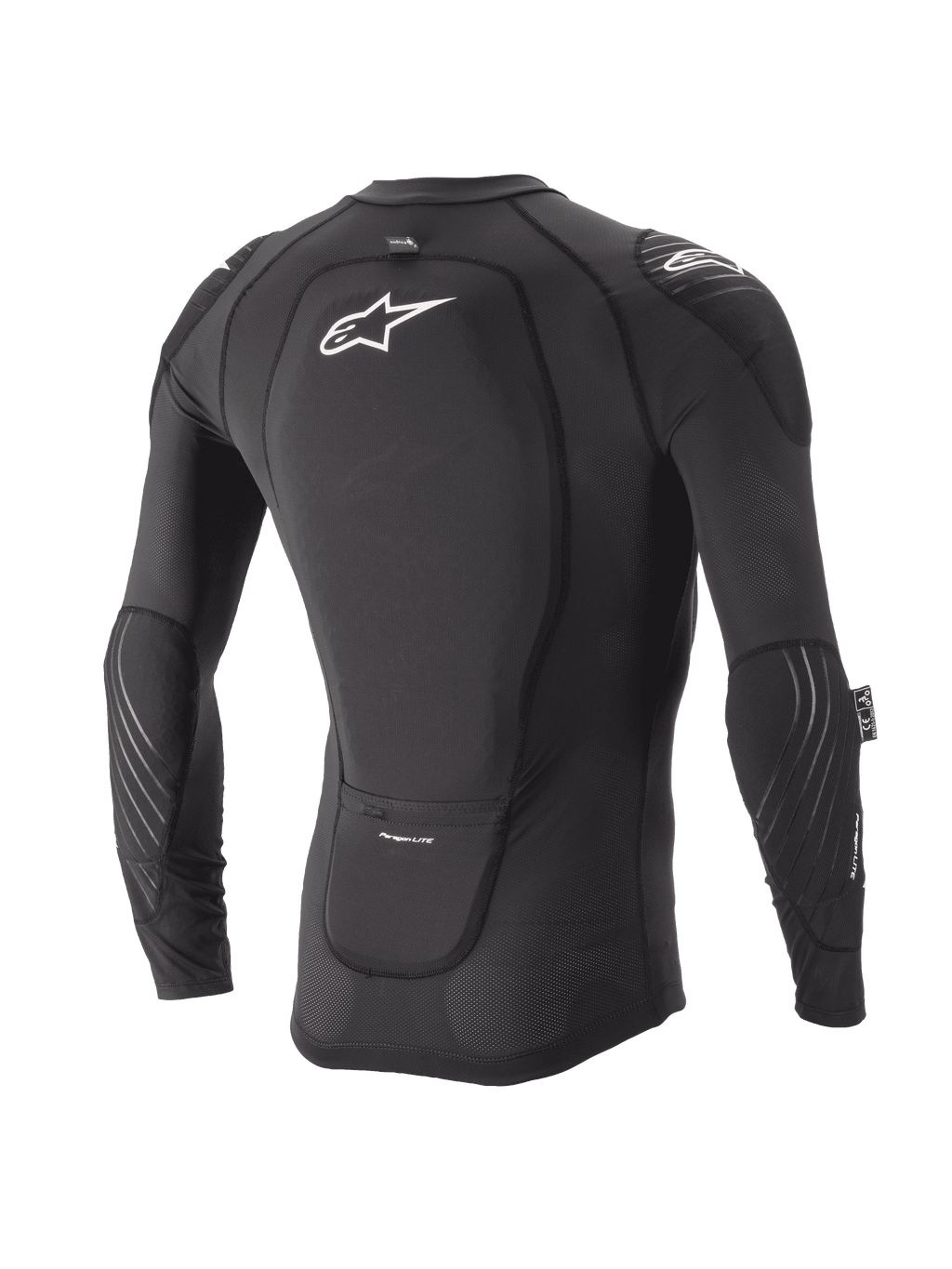 Alpinestars Youth Paragon Lite Protection Jacket, Long Sleeve, Black, rear view showing integrated back protector and white logo, breathable mesh sleeves with elbow padding, lightweight MTB body armor