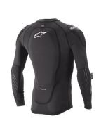 Alpinestars Youth Paragon Lite Protection Jacket, Long Sleeve, Black, rear view showing integrated back protector and white logo, breathable mesh sleeves with elbow padding, lightweight MTB body armor