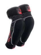 Alpinestars Vector Elbow Protectors, Black Anthracite and Red, MTB Protection Gear, pair of guards with gray piping, red star logo and Vector branding, adjustable straps, and ergonomic compression fit