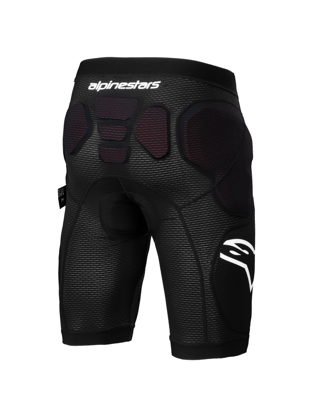Alpinestars A-Impact Plasma Protection Shorts, Mountain Bike Protection Shorts, Black and White, rear view showing integrated protective padding on the hips and lower spine, breathable mesh fabric with white Alpinestars branding, designed for enduro and gravity cycling.