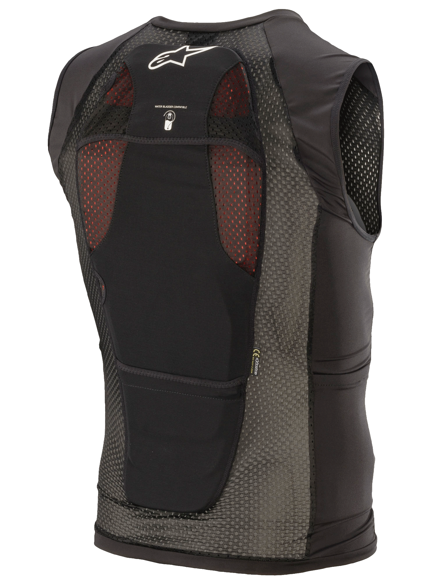 Alpinestars Paragon Plus Protection Vest, Black, back view featuring lightweight stretch mesh construction, white Astar logo, hydration bladder compatibility icon, and integrated CE Level 1 back protector.