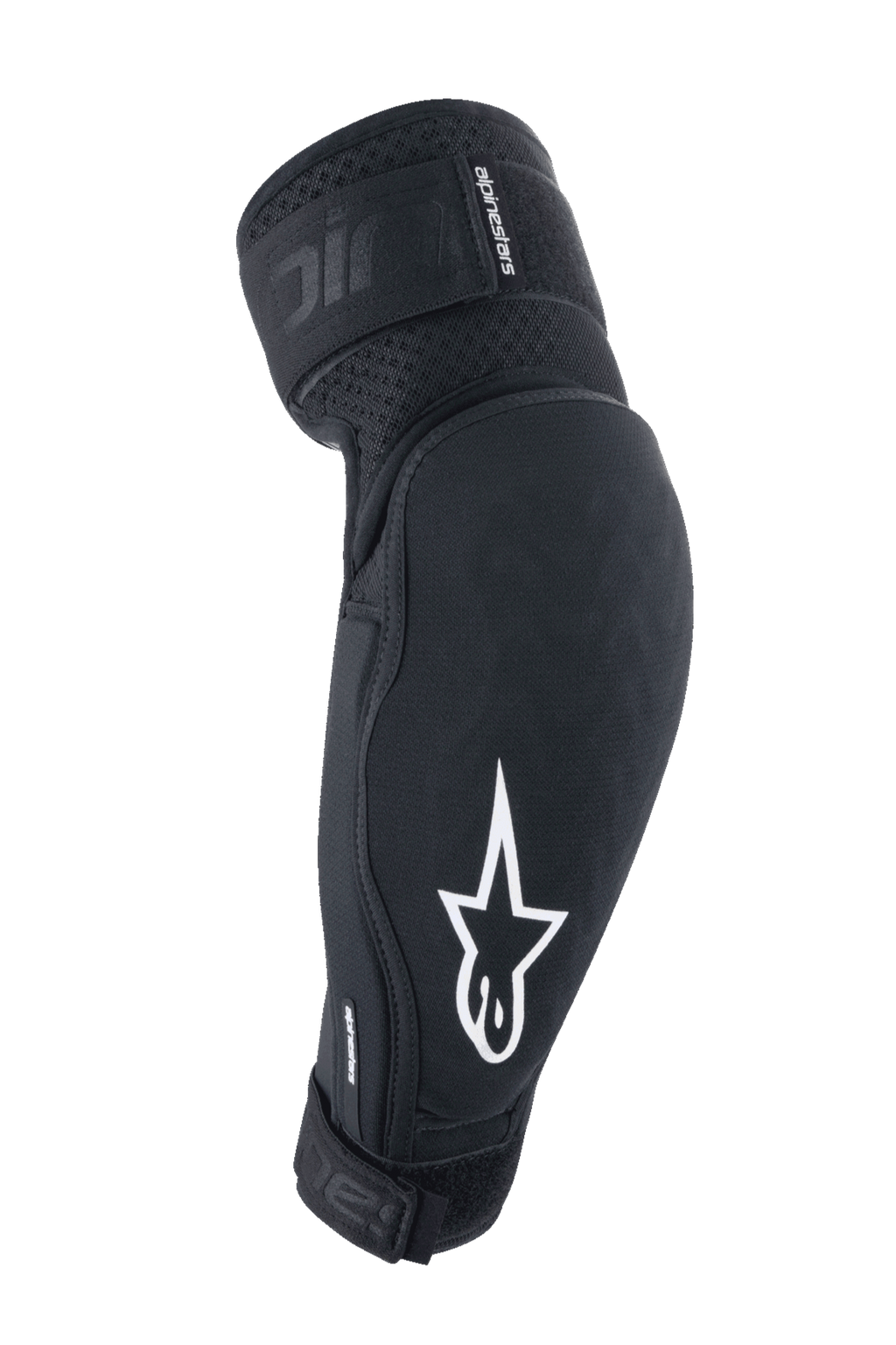 Alpinestars A-Impact Plasma Elite Elbow Protectors, Black and White, MTB protective gear with white star logo, breathable textured fabric, adjustable straps with Velcro closure, pre-curved ergonomic design