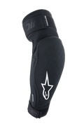 Alpinestars A-Impact Plasma Elite Elbow Protectors, Black and White, MTB protective gear with white star logo, breathable textured fabric, adjustable straps with Velcro closure, pre-curved ergonomic design