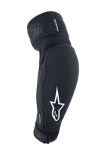 Alpinestars A-Impact Plasma Elite Elbow Protectors, Black and White, MTB protective gear with white star logo, breathable textured fabric, adjustable straps with Velcro closure, pre-curved ergonomic design
