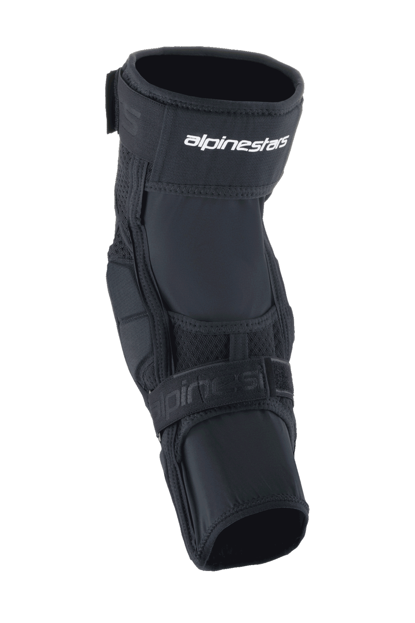 Alpinestars A-Impact Plasma Elite Knee Protector, Cycling Knee Protector, Black and White, featuring a dual strap closure system with white Alpinestars logo, mesh panels, and an ergonomic pre-curved design for MTB impact protection
