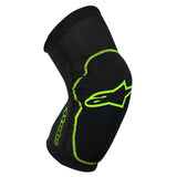 Alpinestars Paragon Knee Guard, MTB Mountain Biking Protection, Black and Green, curved ergonomic design with textured stretchy material for flexible fit and impact protection