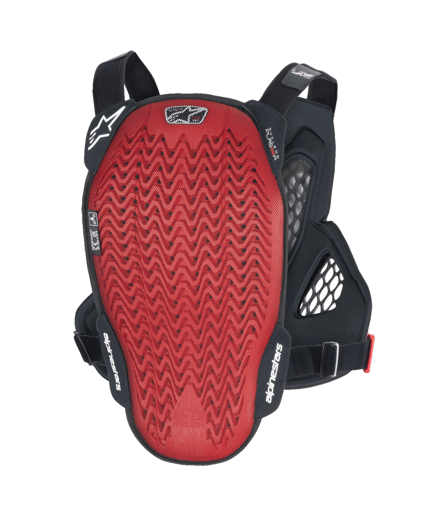 Alpinestars A-6 Plasma Chest Protector, Back view, red textured Nucleon PLASMA back plate with black side wings and adjustable straps, MTB gravity protection gear in Black Anthracite Red