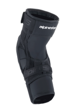 Alpinestars A-Impact Plasma Elite Shield Knee Protectors, MTB Protective Gear, Black with white logo, featuring a pre-curved ergonomic design, dual strap closure, and breathable mesh panels for mountain biking.