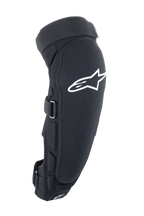 Alpinestars A-Impact Plasma Pro Knee Shin Protector, Black and White, side view featuring large white Astar logo, lateral padding, and secure strap closure system, off-road cycling protection