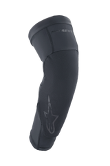 Alpinestars A-Motion Plasma Pro Elbow Protector, Black, ergonomic slip-on sleeve with textured impact-resistant panel, pre-curved shape for riding comfort, subtle Astar logo and branding, breathable stretch mesh construction for MTB and off-road cycling