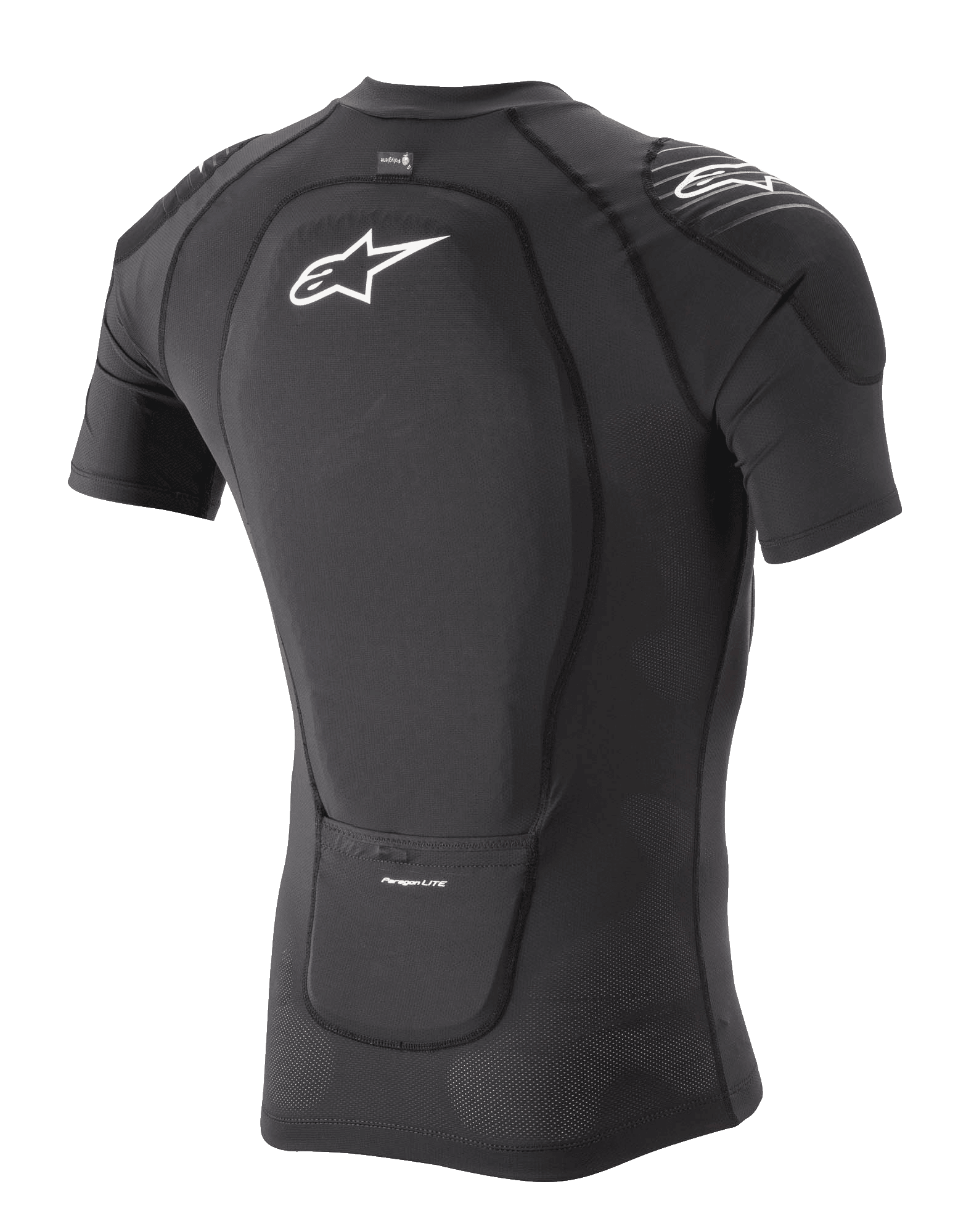 Alpinestars Paragon Lite Protection Jacket - Short Sleeve, Black, rear three-quarter view showing integrated back protector and breathable stretch mesh construction, featuring white Alpinestars logo on the back and shoulder, lightweight mountain bike protection gear