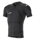 Alpinestars Paragon Lite Protection Jacket Short Sleeve, Black, MTB mountain bike body armor featuring integrated shoulder and chest padding, front zipper, breathable mesh fabric, white Alpinestars logos, fitted design for trail riding