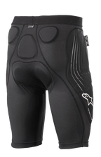 Alpinestars Paragon Lite Protection Shorts, Black, rear view featuring integrated memory foam padding for hip and coccyx protection, breathable mesh sleeve design, white Alpinestars logo and Paragon Lite branding on the leg, lightweight cycling protective gear