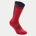 Alpinestars Merino Socks 24, Cycling Socks, Red and Black, featuring a 24cm cuff height, black Alpinestars logo on the foot, and textured merino wool construction for insulation and moisture management.