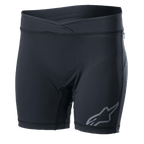 Alpinestars Women Stella Drop Inner Shorts, Black cycling base layer, form-fitting compression shorts with a crossover waistband, gray Alpinestars logo on the leg, moisture-wicking stretch fabric for MTB and Enduro
