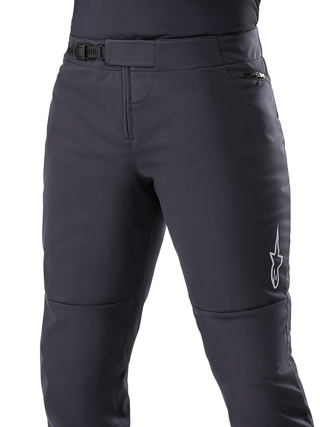 Alpinestars A-Dura Thermal Pant, Black MTB Pants, featuring a secure ratchet waist closure and zippered hip pocket, white star logo on the side, pre-curved shape for riding comfort, durable thermal material for cold-weather cycling