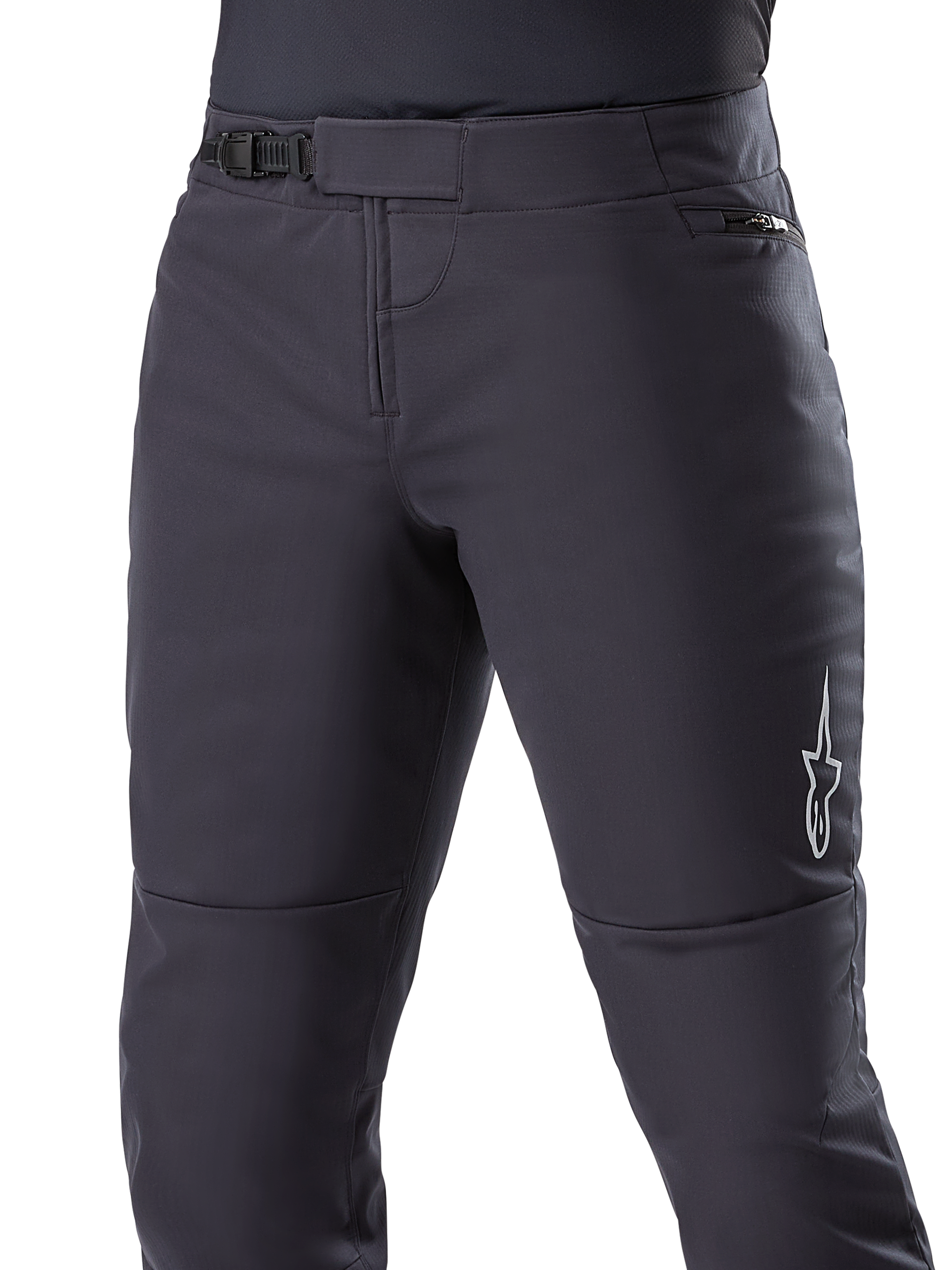 Alpinestars A-Dura Thermal Pant, Black MTB Pants, featuring a secure ratchet waist closure and zippered hip pocket, white star logo on the side, pre-curved shape for riding comfort, durable thermal material for cold-weather cycling