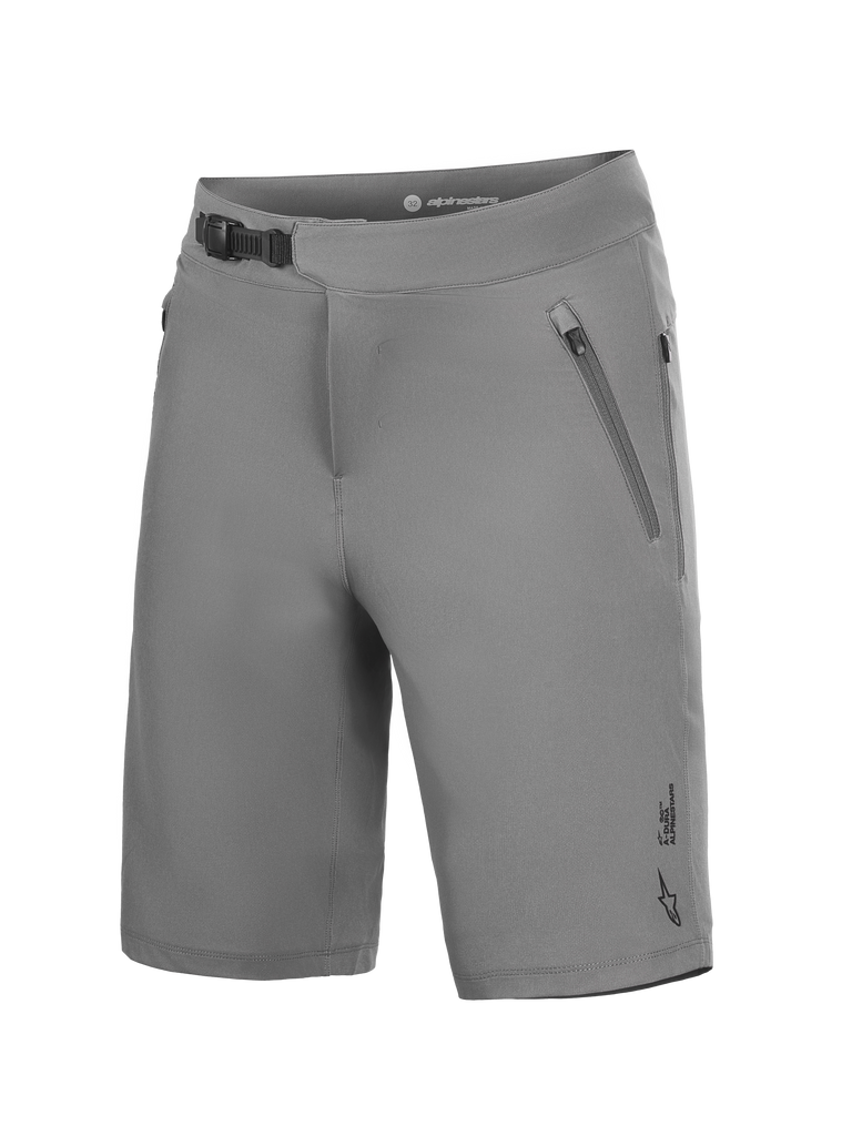 Gray A-Dura Ride MTB Shorts, 4-way stretch cycling gear with ratchet waist closure and zippered pockets.