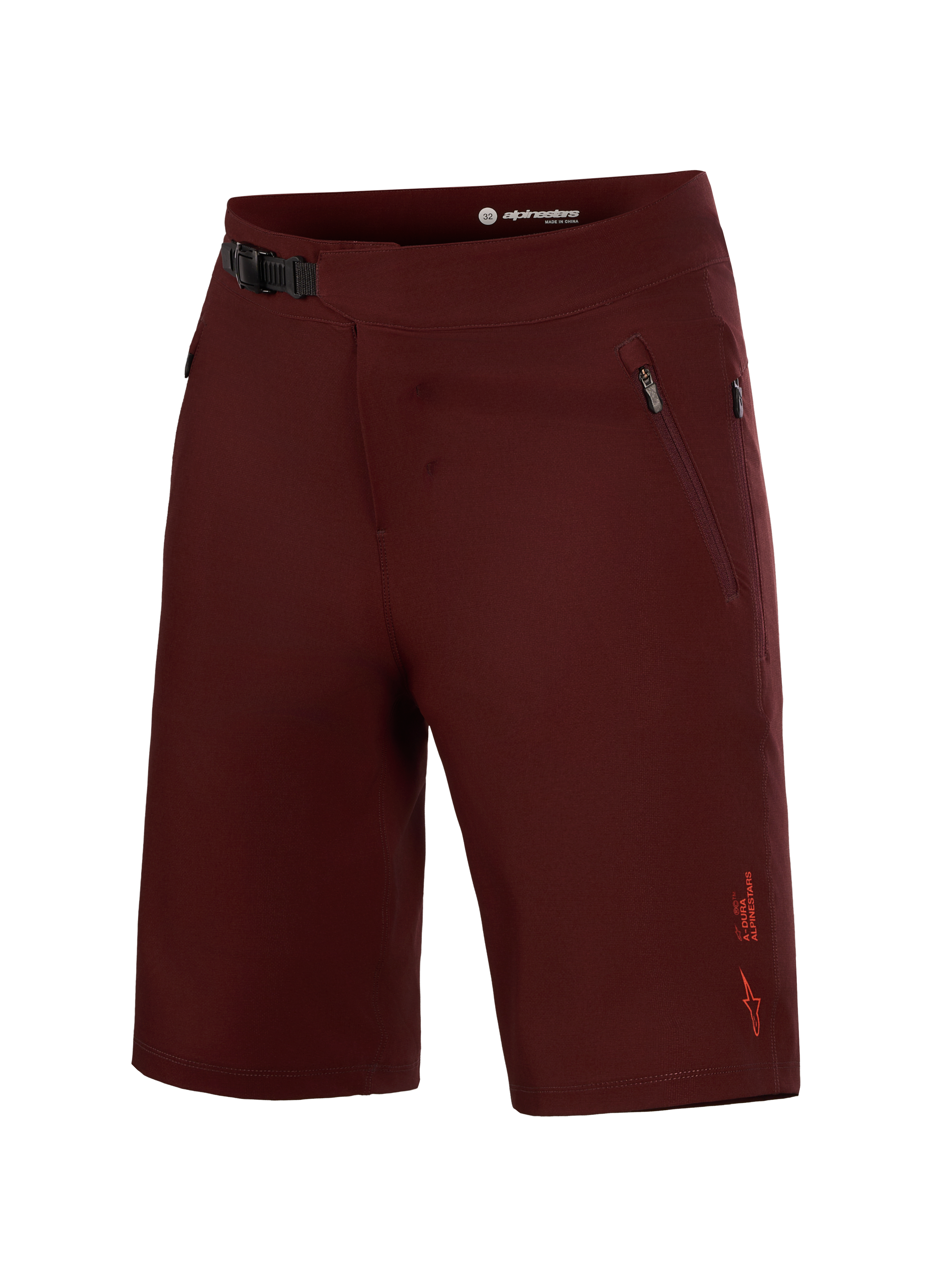 Alpinestars A-Dura Ride Shorts, Bordeaux MTB cycling shorts with a secure ratchet closure and durable performance fabric.