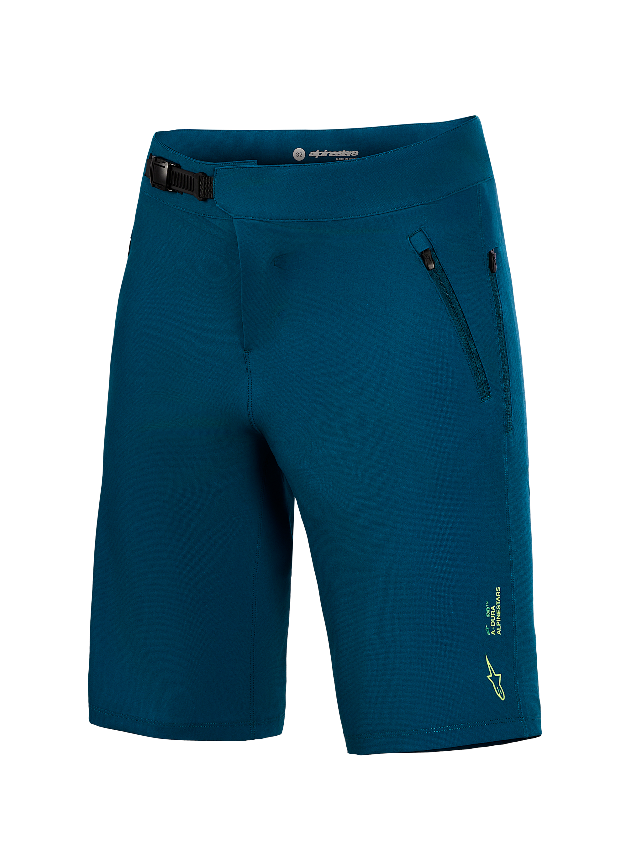 A-Dura Ride Shorts in blue-green, featuring a ratchet waist closure and zippered pockets for durable MTB performance.
