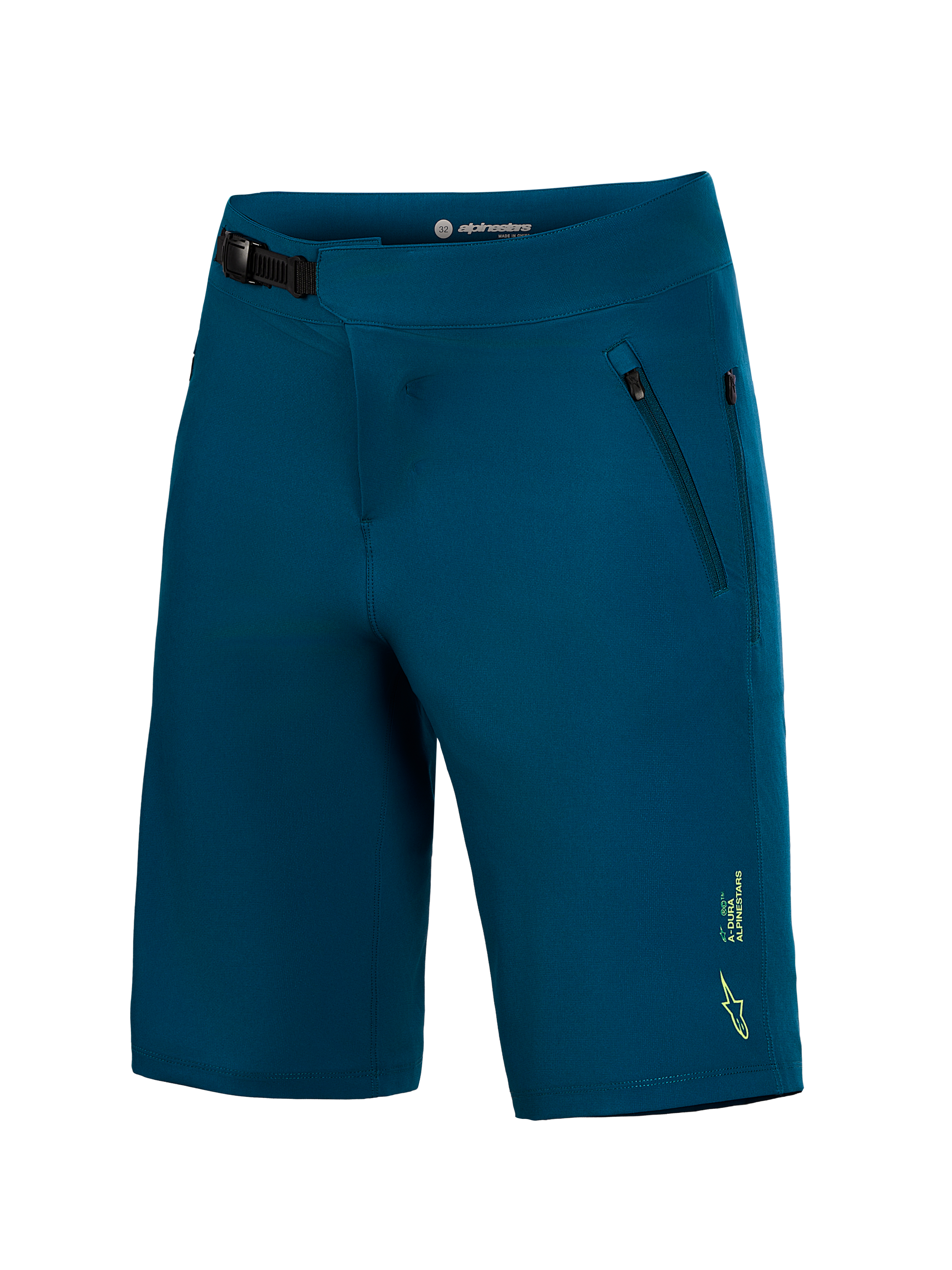 A-Dura Ride Shorts in blue-green, featuring a ratchet waist closure and zippered pockets for durable MTB performance.