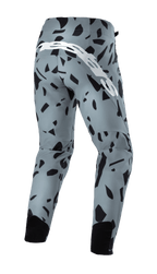 Alpinestars Techstar Envision Pants, Mountain Bike Pants, Ash Blue with black abstract geometric pattern, back view featuring large white script logo and black mesh calf panels, durable off-road cycling gear