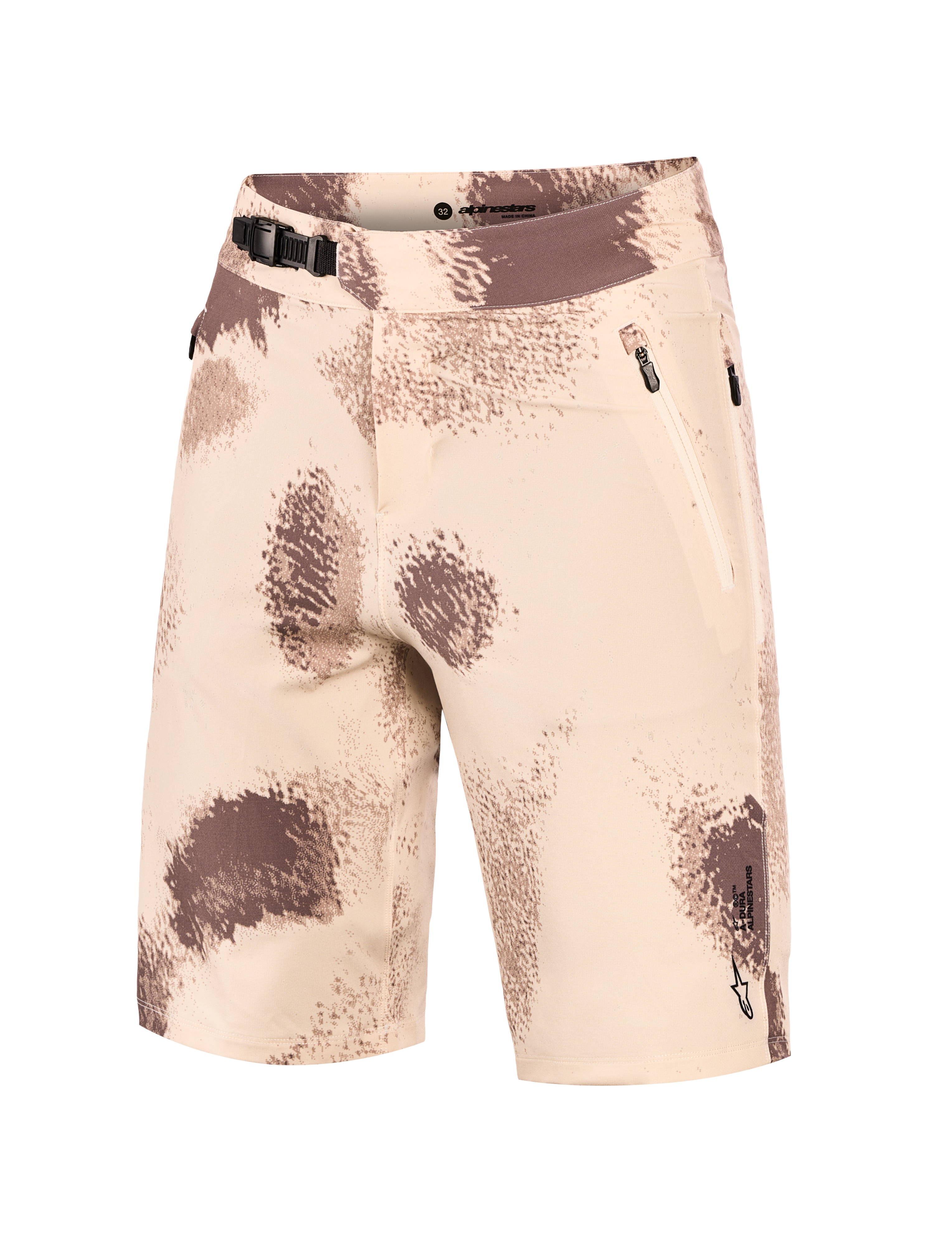 Sand camo A-Dura Ride Shorts featuring a ratchet waist closure, zippered pockets, and durable 4-way stretch MTB fabric.