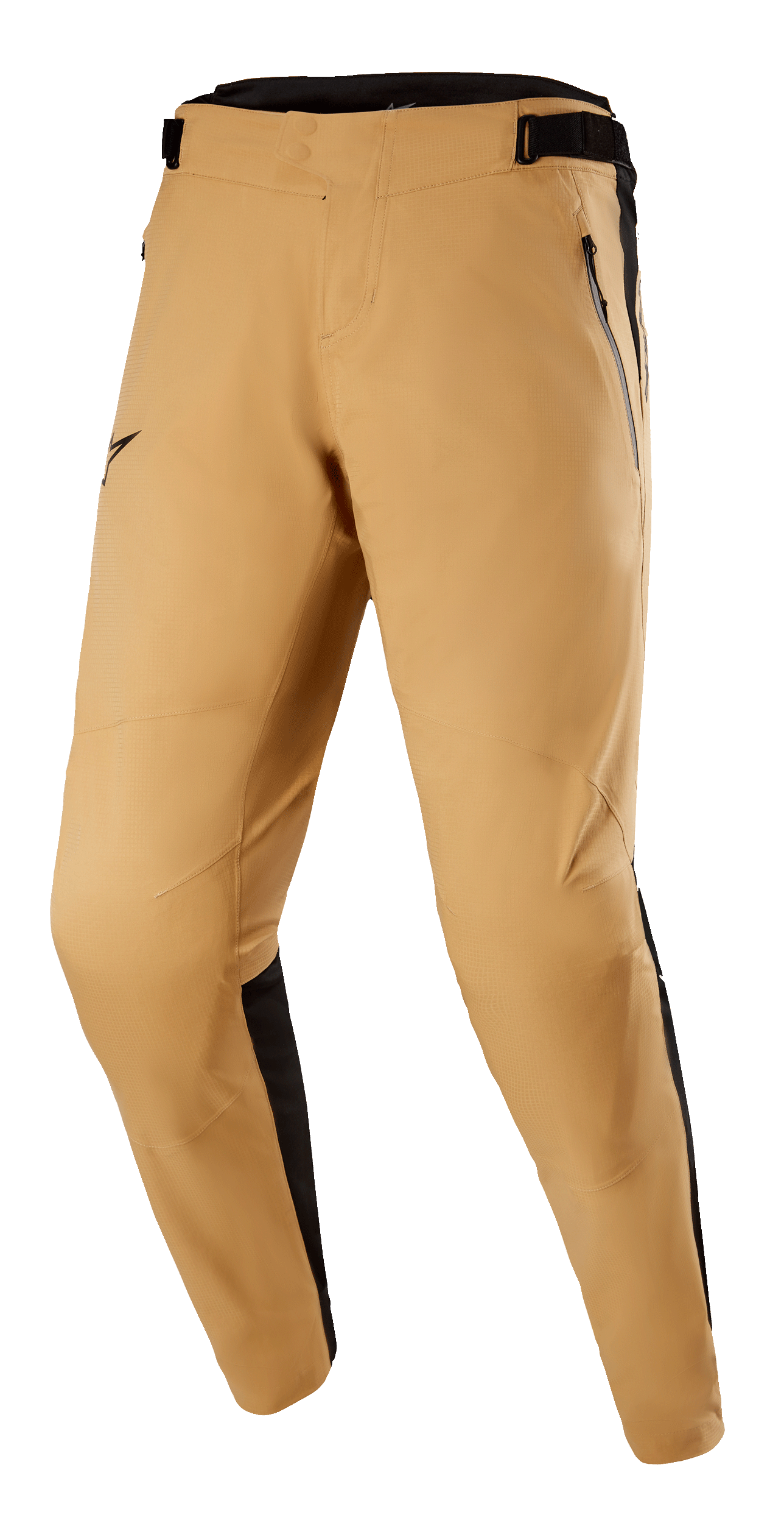 Alpinestars Tahoe 8.1 Waterproof Pants, Khaki and Black, waterproof MTB pants with pre-curved legs, zippered front pockets, and adjustable waistband, featuring black side panels and a seamless crotch for all-weather trail riding performance