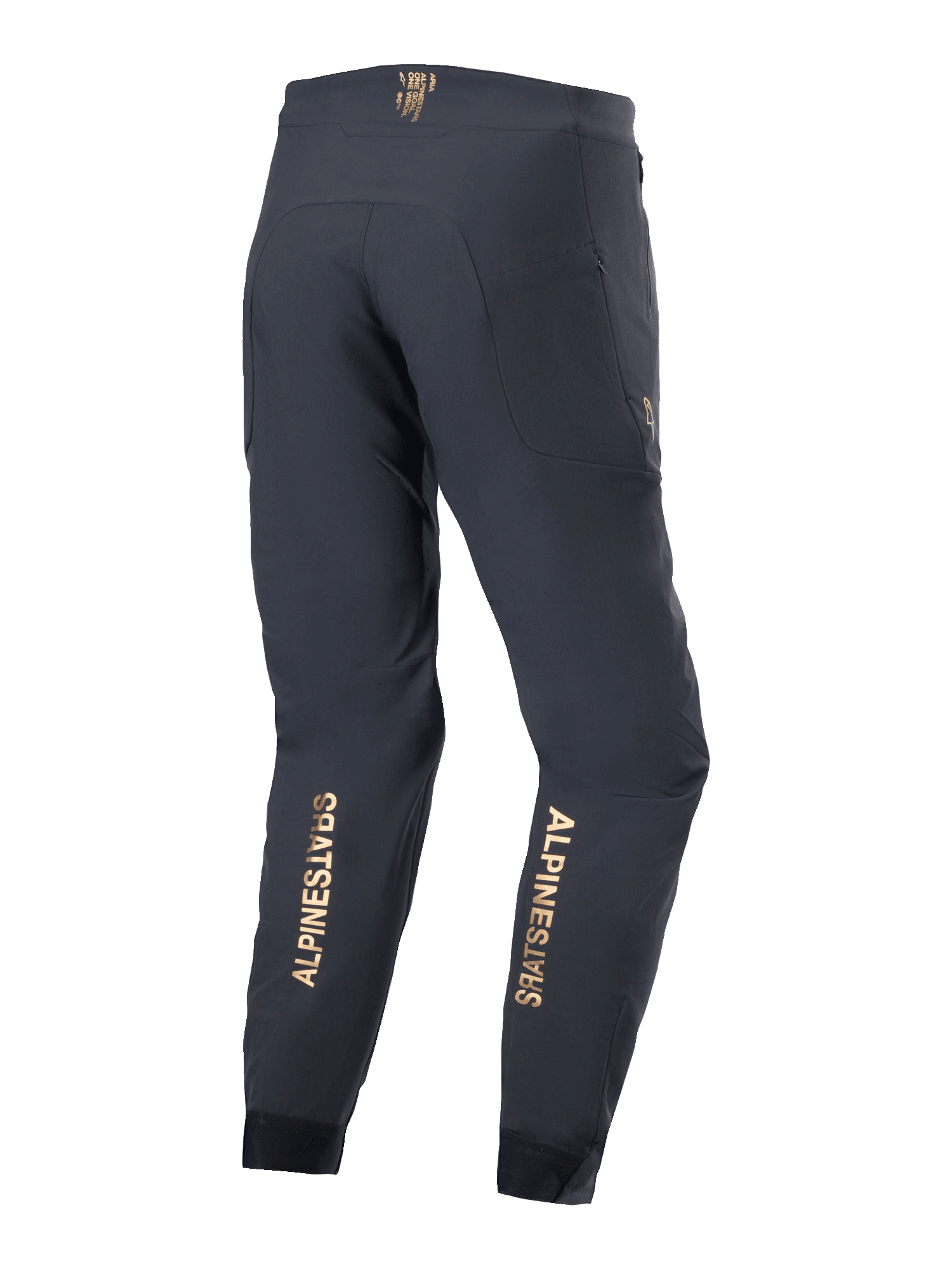 Alpinestars A-Aria Elite Pants, Mountain Bike Pants, Black, back view featuring gold vertical logos on the lower legs, performance fit with wicking waistband and zippered pockets, designed for off-road cycling.