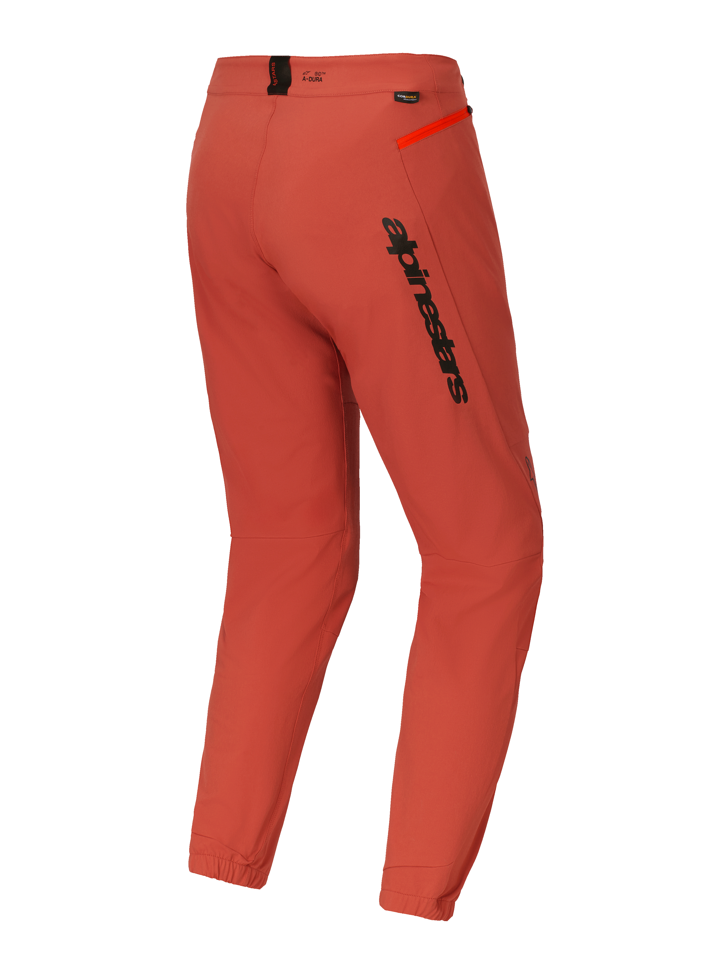 Alpinestars A-Dura Elite Pants, Mountain Bike (MTB) Pants, Dark Orange, rear three-quarter view featuring bold black Alpinestars branding on the thigh, bright orange zipper accent on the hip, and elasticated ankle cuffs, technical performance cycling gear