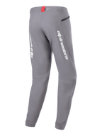 Alpinestars A-Dura Elite Pants, MTB Cycling Pants, Dark Gray, rear view with white Alpinestars branding on the legs, small red tag at the waistband, and zippered pocket, technical design for mountain biking