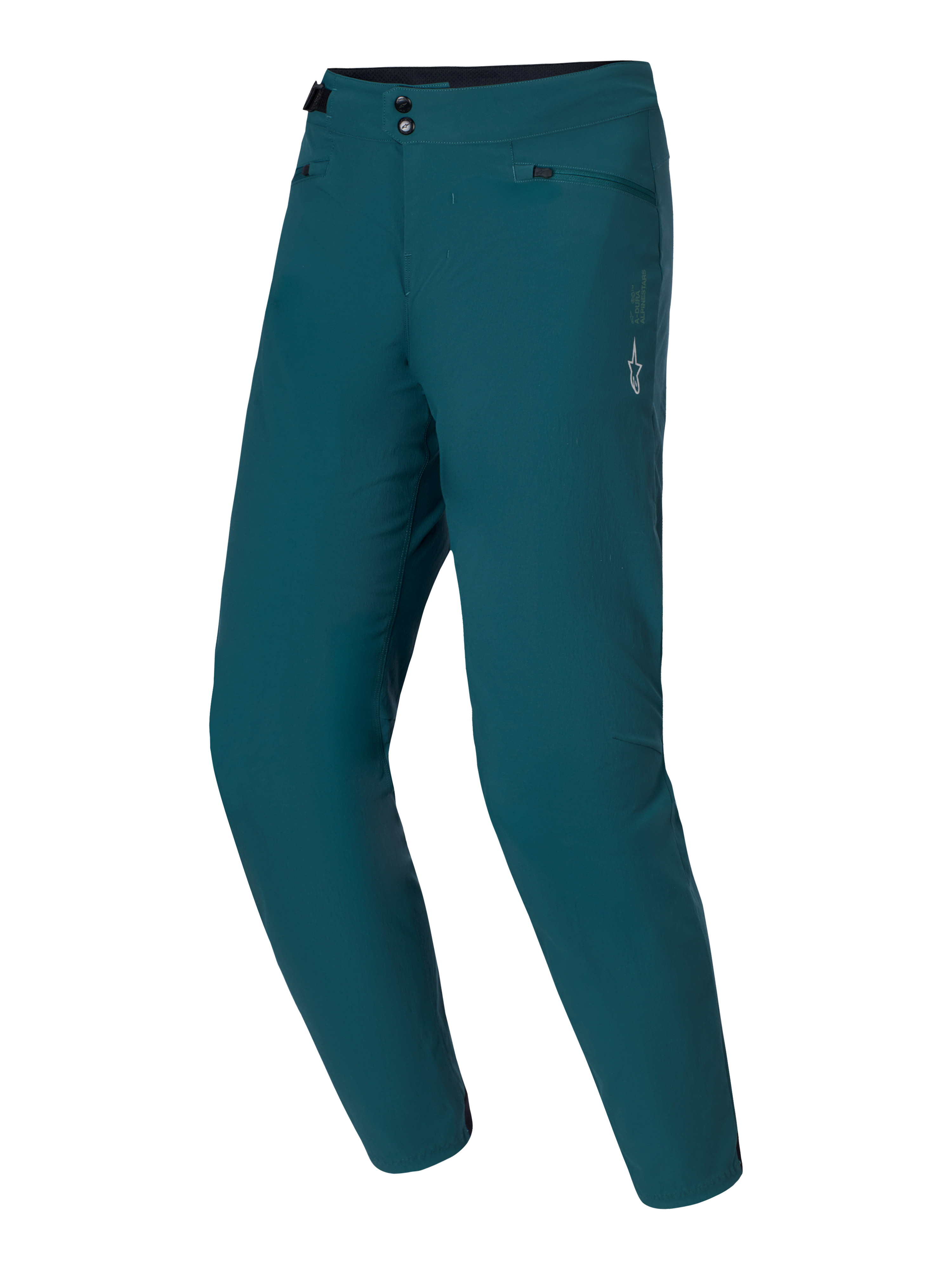 Alpinestars A-Dura Pants, Mountain Bike Pants, Dark Pine green, features double snap closure and side waist adjusters, white star logo on the left thigh, durable 2-way stretch textile for MTB trail riding