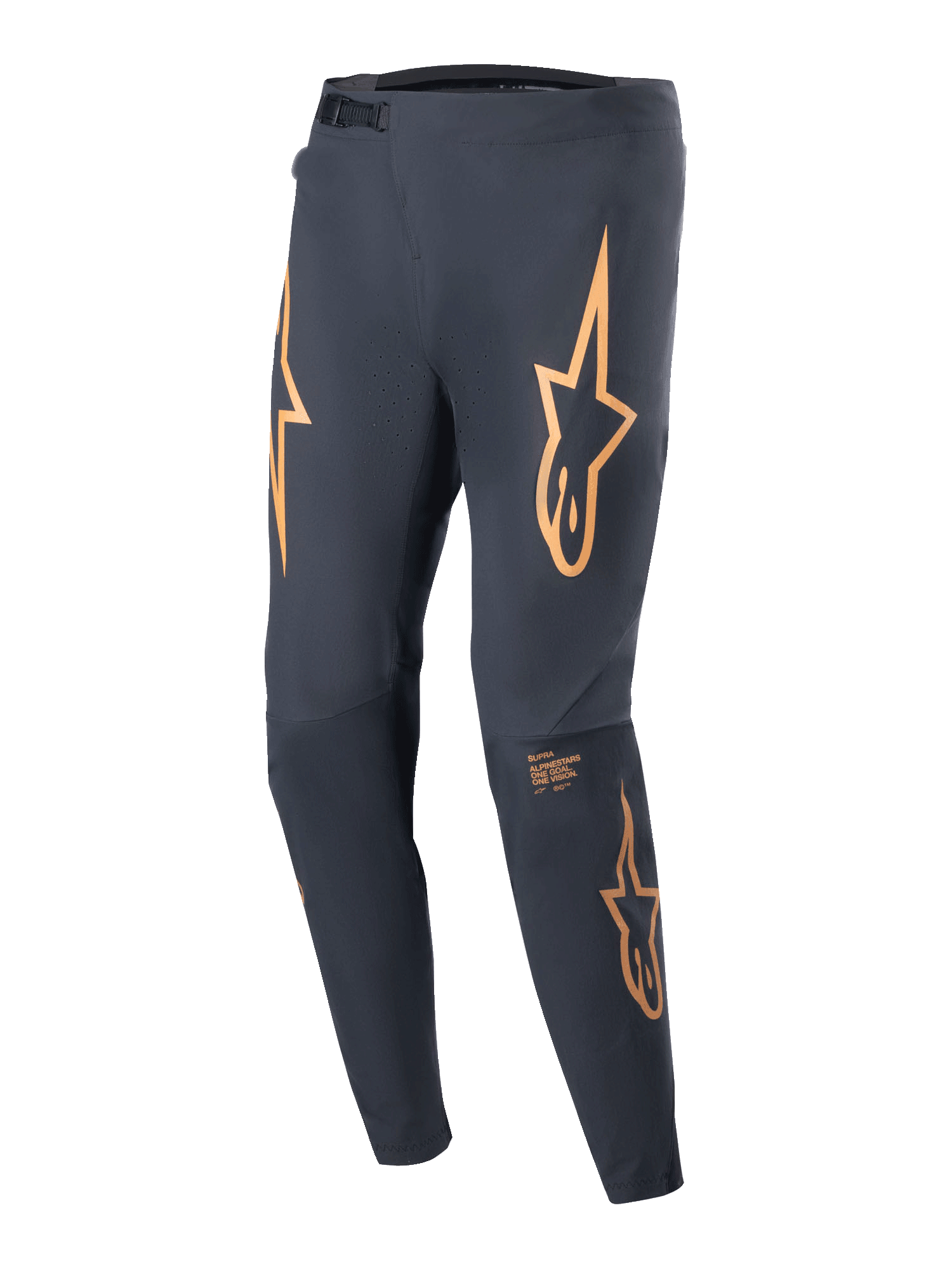 Alpinestars A-Supra Race Pants, MTB Racing Pants, Black with prominent orange star logos on the thighs, featuring a front ratchet closure, laser-perforated ventilation, and a tapered athletic fit.