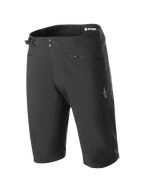 Alpinestars A-Dura Shorts, Mountain Bike Shorts, Black, featuring double snap closure, side waist cinch adjuster, zippered pockets, and white logo on the leg, durable 2-way stretch fabric for off-road cycling