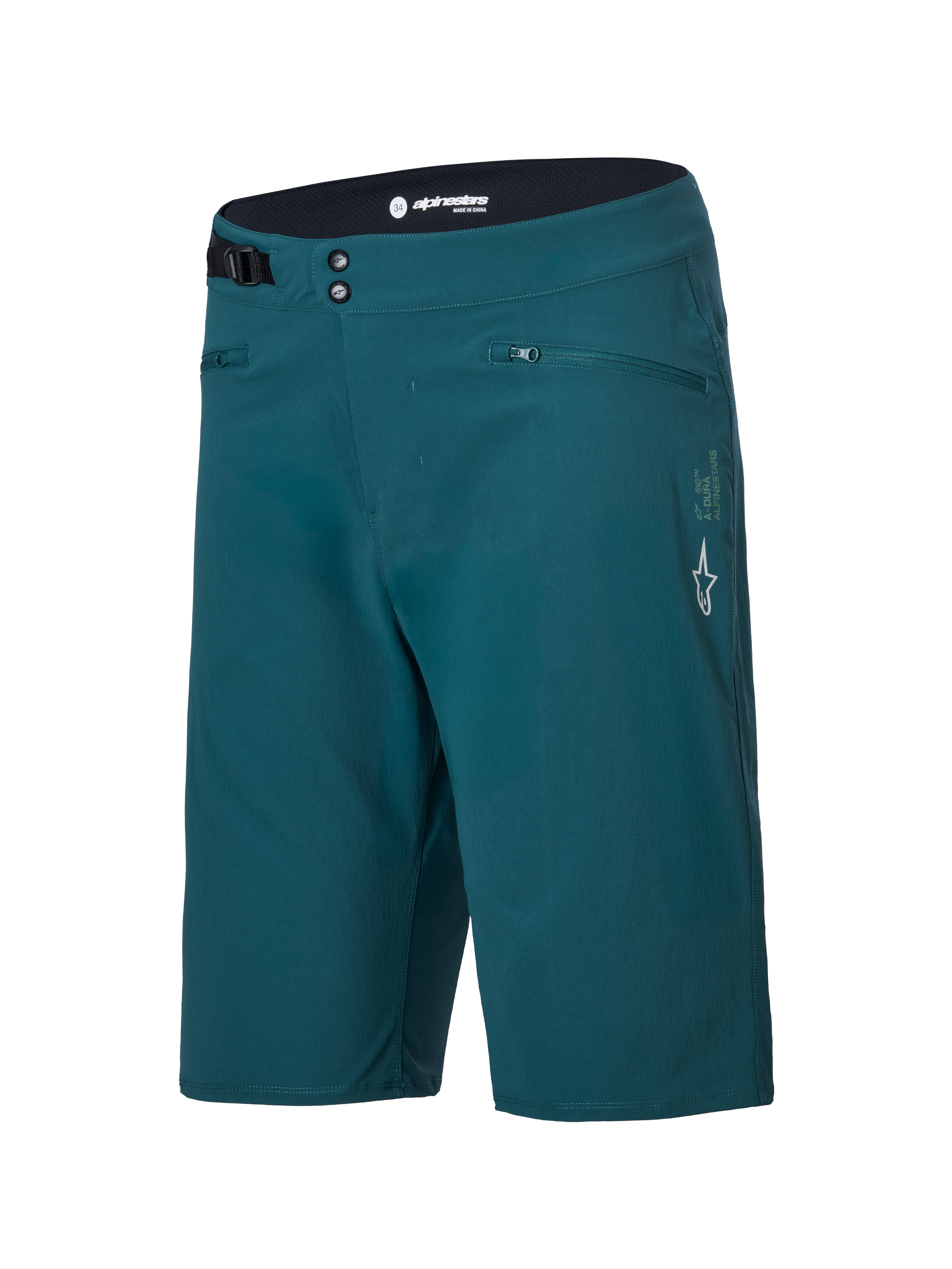 Alpinestars A-Dura Shorts, Mountain Bike Shorts, Dark Pine Green, featuring zippered pockets, double snap front closure, adjustable side waist cinch, and white Alpinestars logo on the left leg, durable design for MTB cycling