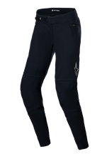 Alpinestars Stella A-Dura Thermal Pants, Women's MTB Pants, Black, featuring a ratchet waist closure, zippered hip pocket, and a reflective Alpinestars logo on the thigh, anatomically pre-curved design for riding comfort