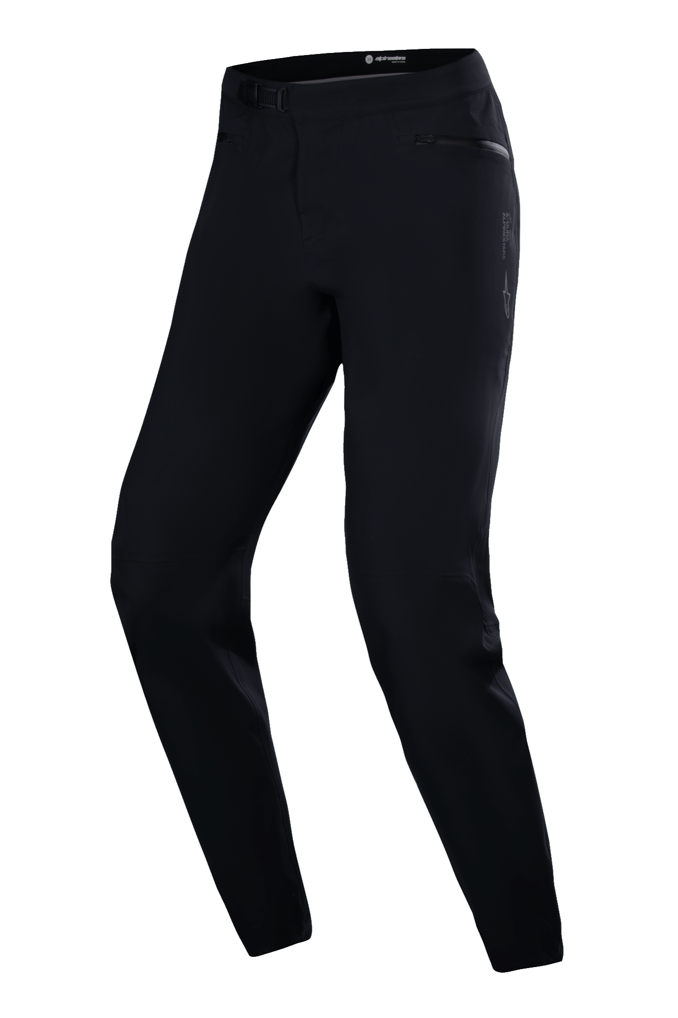 Alpinestars Stella A-Dura Waterproof Pant, Women's MTB Cycling Pants, Black, featuring a ratchet waist closure, zippered hand pockets, and a tapered fit for trail riding