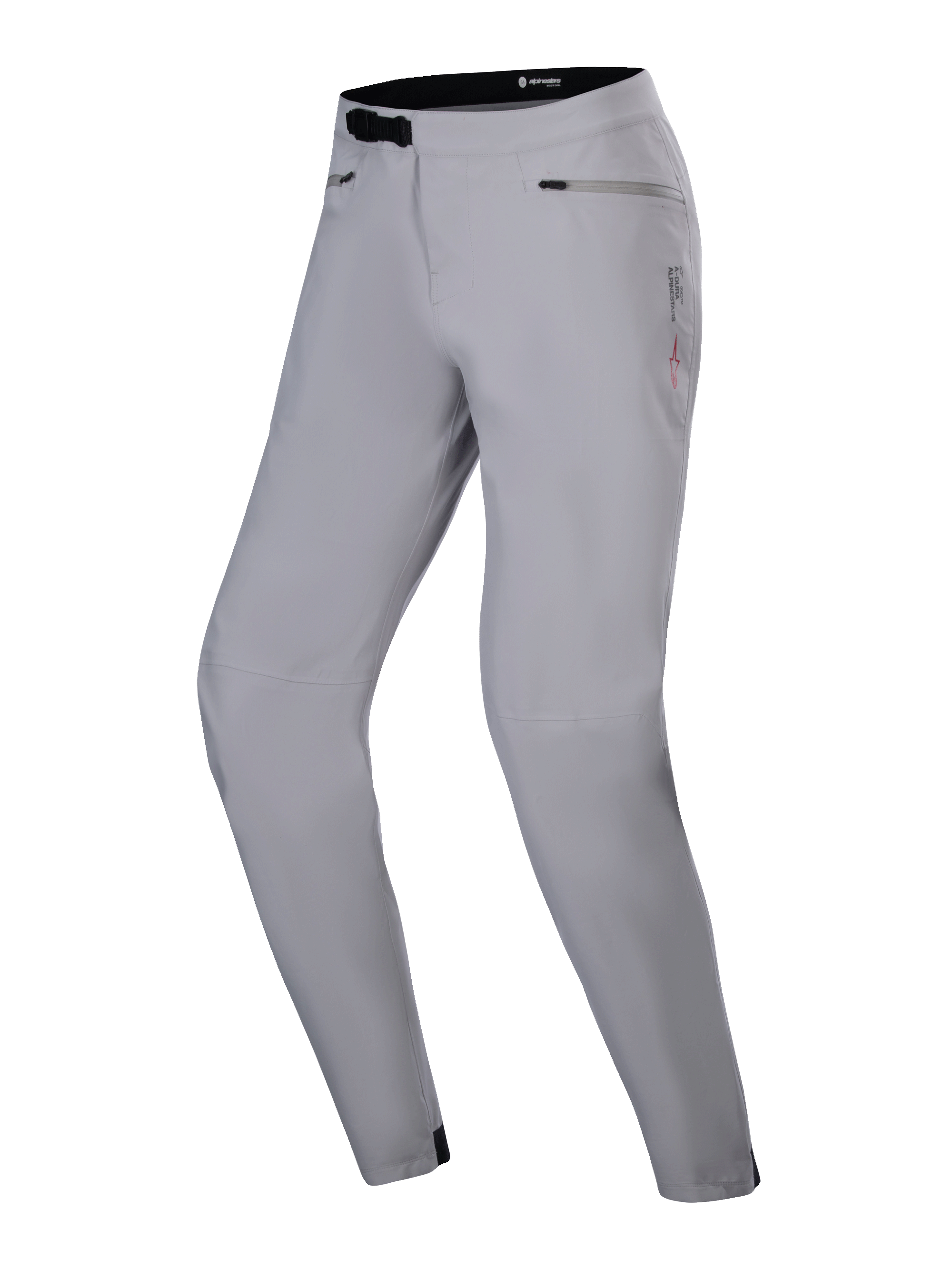 Alpinestars Stella A-Dura Waterproof Pant, Women's MTB Pants, Titanium Gray, featuring a black ratchet waist closure and zippered hand pockets, technical design with subtle branding, waterproof performance gear for cycling