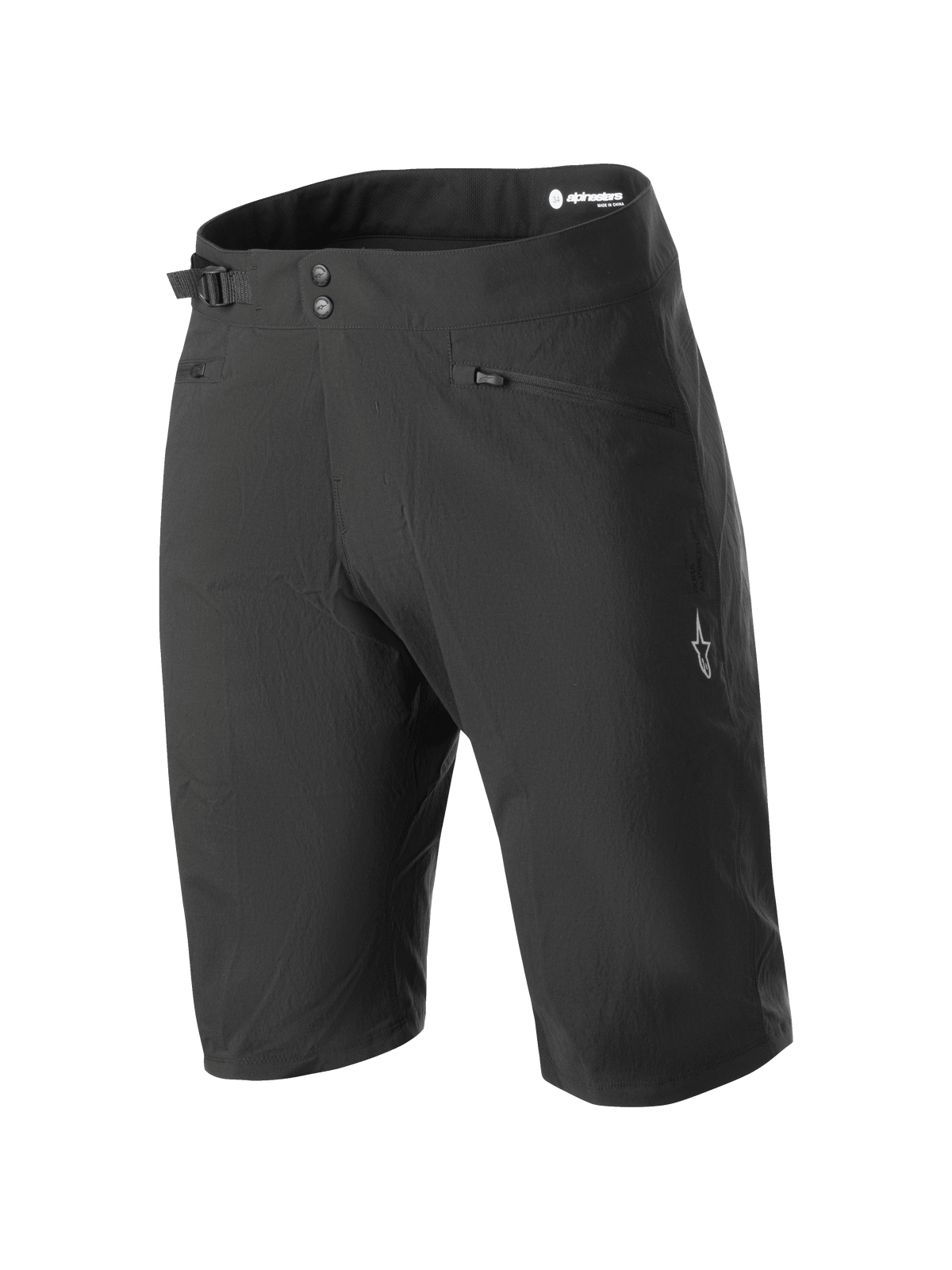 Alpinestars Stella A-Dura Liner Shorts, Women's Black Mountain Bike Shorts, knee-length featuring double snap closure and side cinch adjuster, zippered pockets and white star logo on the leg, durable 2-way stretch fabric for MTB riding