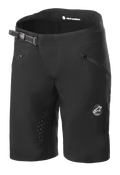 Alpinestars Women Stella Drop Algorithm Shorts, Mountain Biking Shorts, Black, featuring ratchet waistband closure, zippered front pockets, laser-perforated inseams for ventilation, lightweight performance fabric with Alpinestars logo on the leg