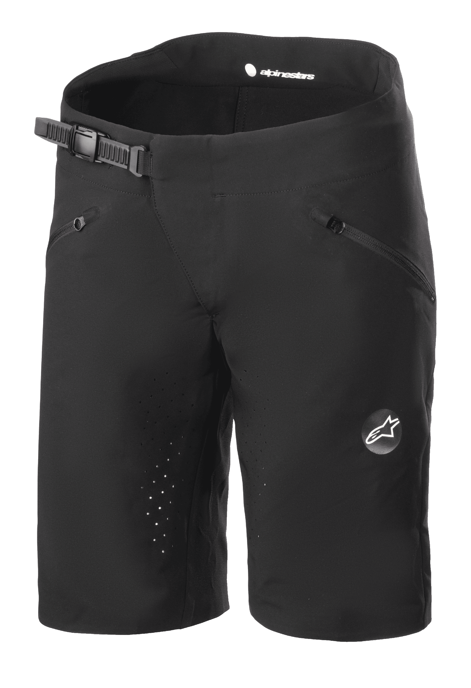 Alpinestars Women Stella Drop Algorithm Shorts, Mountain Biking Shorts, Black, featuring ratchet waistband closure, zippered front pockets, laser-perforated inseams for ventilation, lightweight performance fabric with Alpinestars logo on the leg