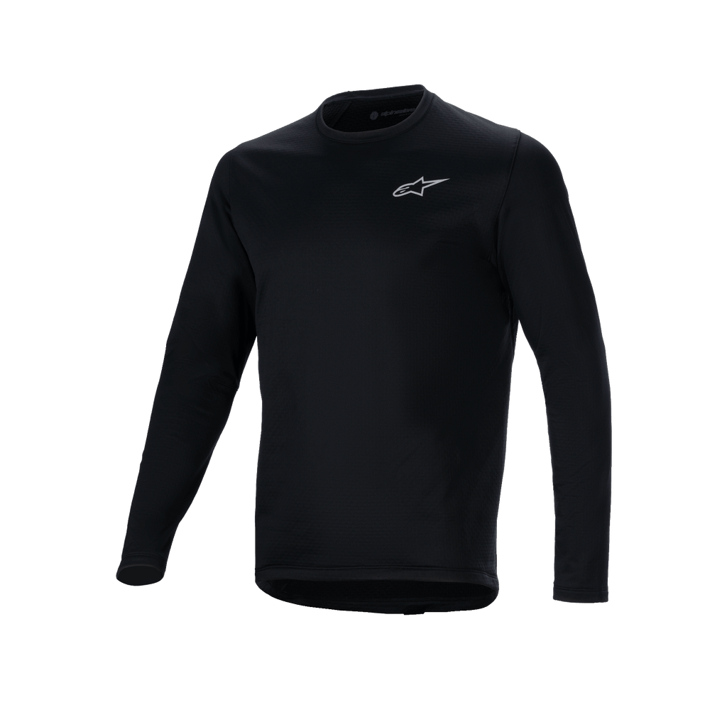 Alpinestars A-Dura Thermal Jersey, Black long-sleeve cycling jersey, small white Alpinestars logo on the chest, extended drop tail for rear coverage, insulated fleece lining for cold-weather mountain biking